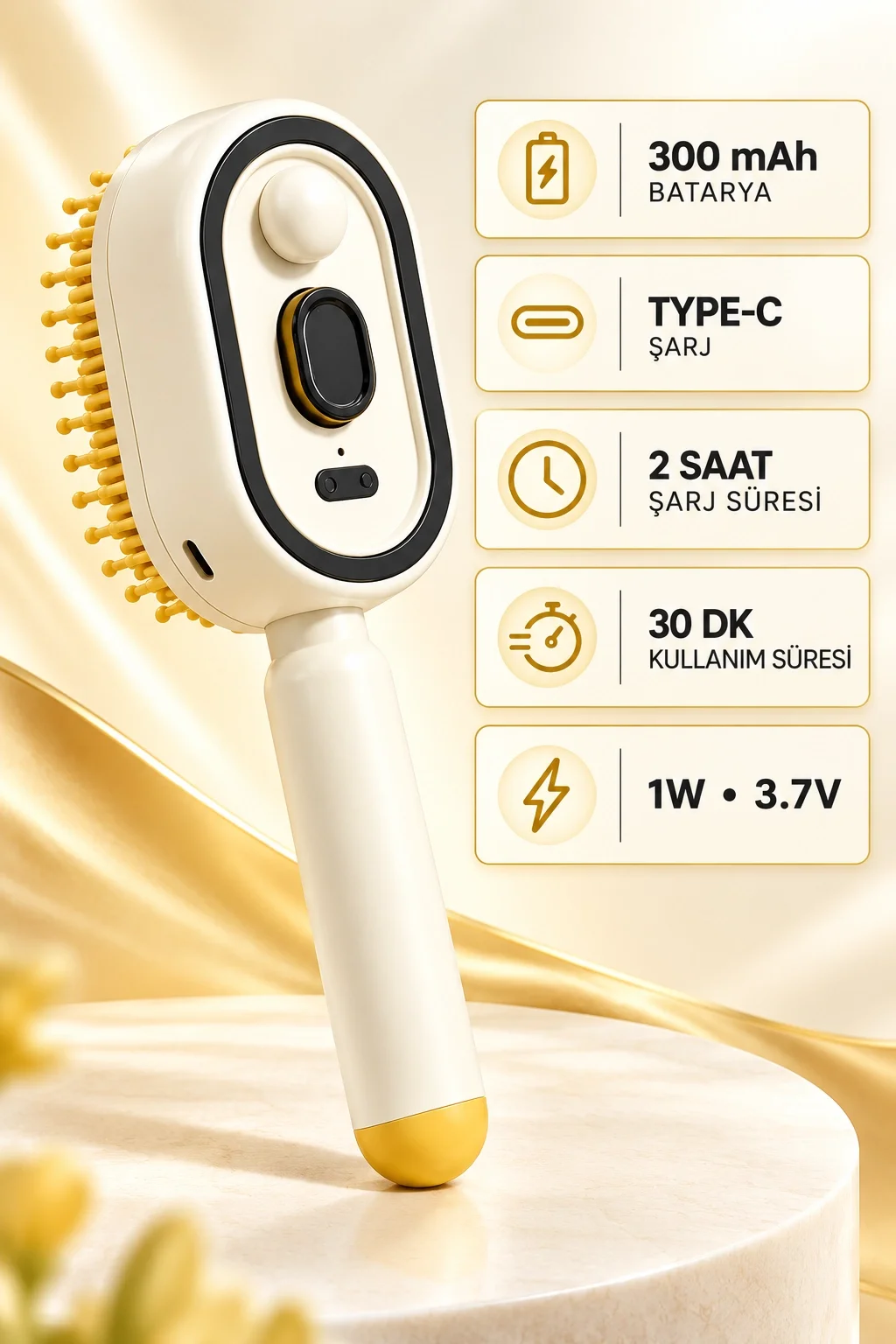 Elektrikli Spreyli Saç Tarağı 300 mAh Type‑C Şarjlı İnce Spreyli Antistatik Bakım Fırçası krem görsel 2