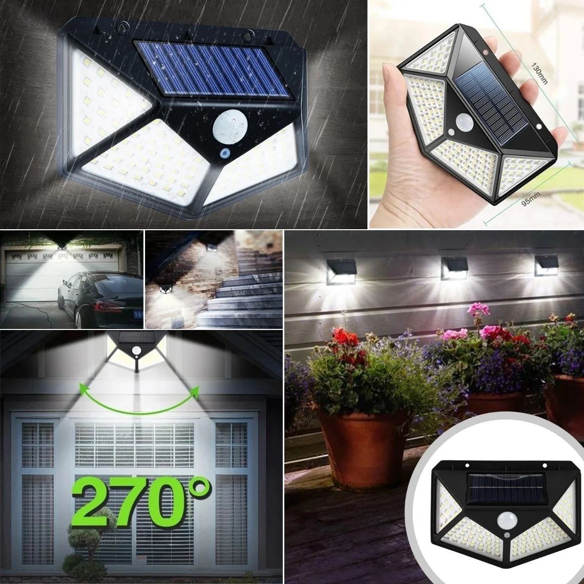 100 Ledli 3 Farklı Aydınlatma Ayarlı Solar Güneş Enerjili Hareket Sensörlü Bahçe Duvar Lambası görsel 2