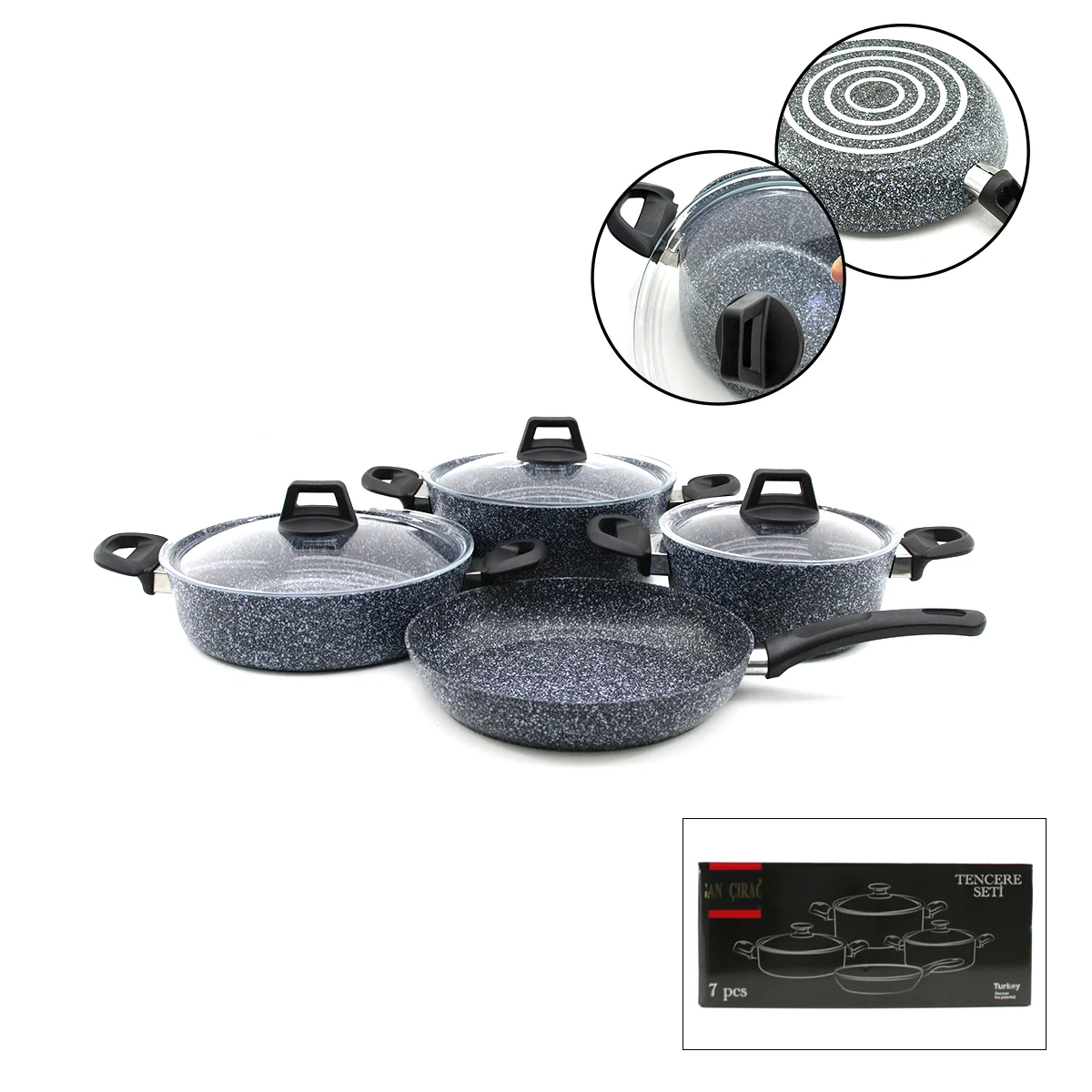 7 Parça Granit Tencere ve Tava Seti (20-24cm Derin, 27cm Cam Kapak, 26cm Tava) görsel 2