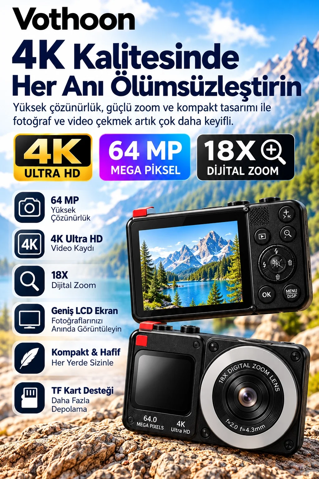 4K Dijital Fotoğraf Makinesi 18X Dijital Zoom 64 MP Ön ve Arka Ekranlı Kompakt Kamera Siyah