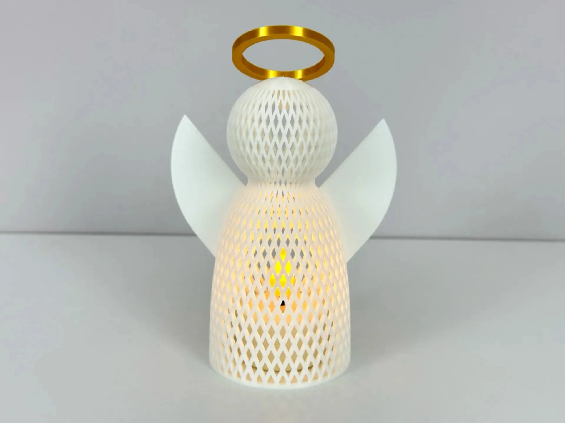 3D Baskı File Dokulu Melek Tealight Mumluk 14,5 cm Altın Haleli Dekoratif Fener Şamdan Masa Süsü