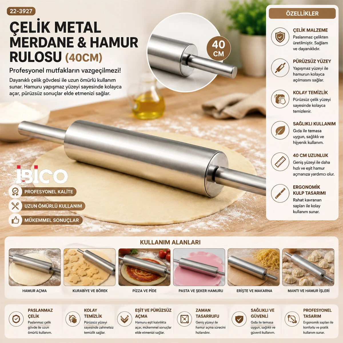 Çelik Metal Merdane - Hamur Rulosu 40CM görsel 2