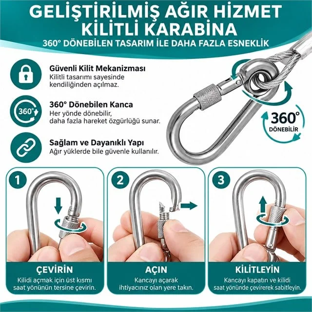 SN-38108 10 Metre Çelik Köpek Bağlama Halatı Kilitli Karabina PVC Kaplamalı görsel 3