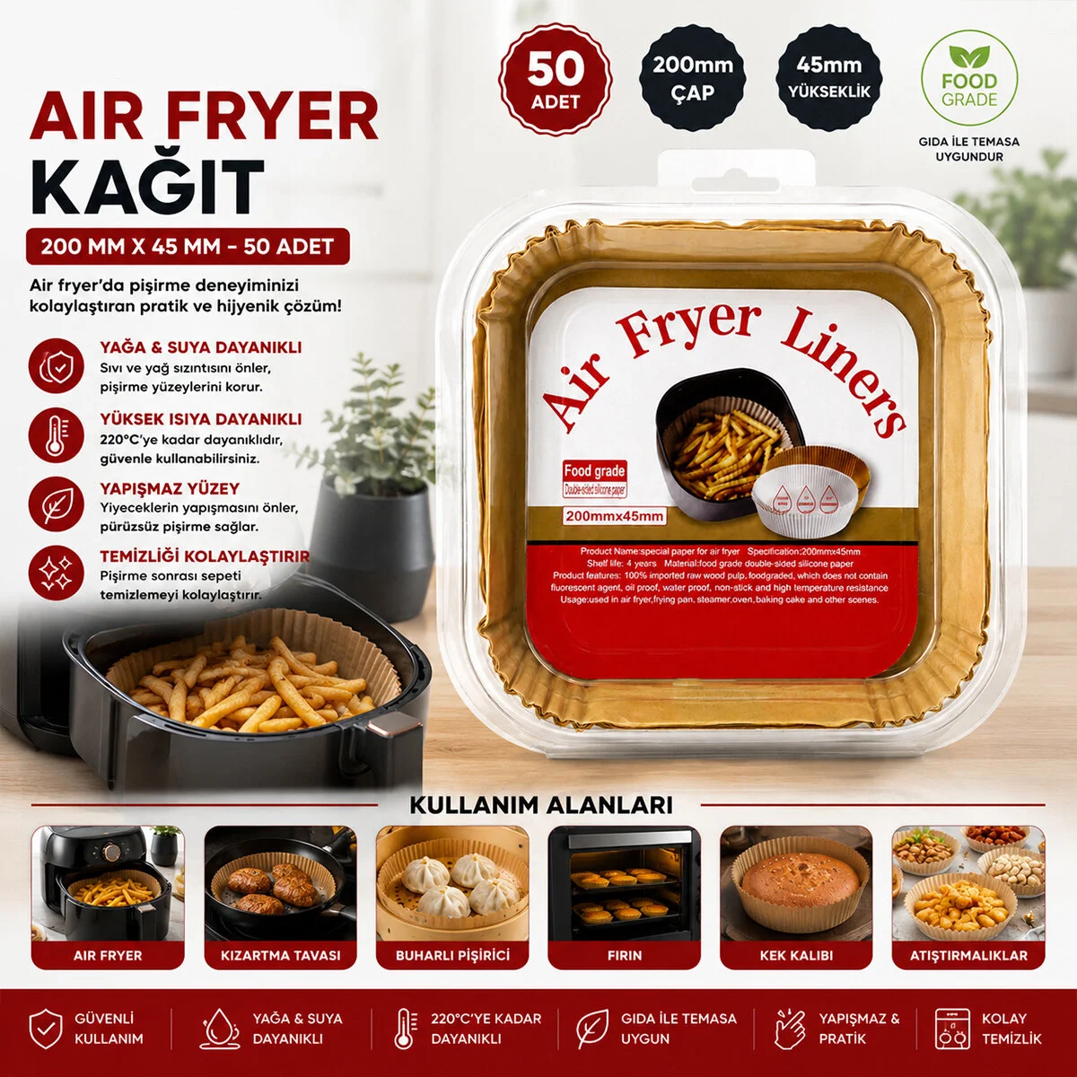 Air Fryer Kare - Büyük - 200MMX45MM Kağıt Pişirme Kalıbı görsel 2