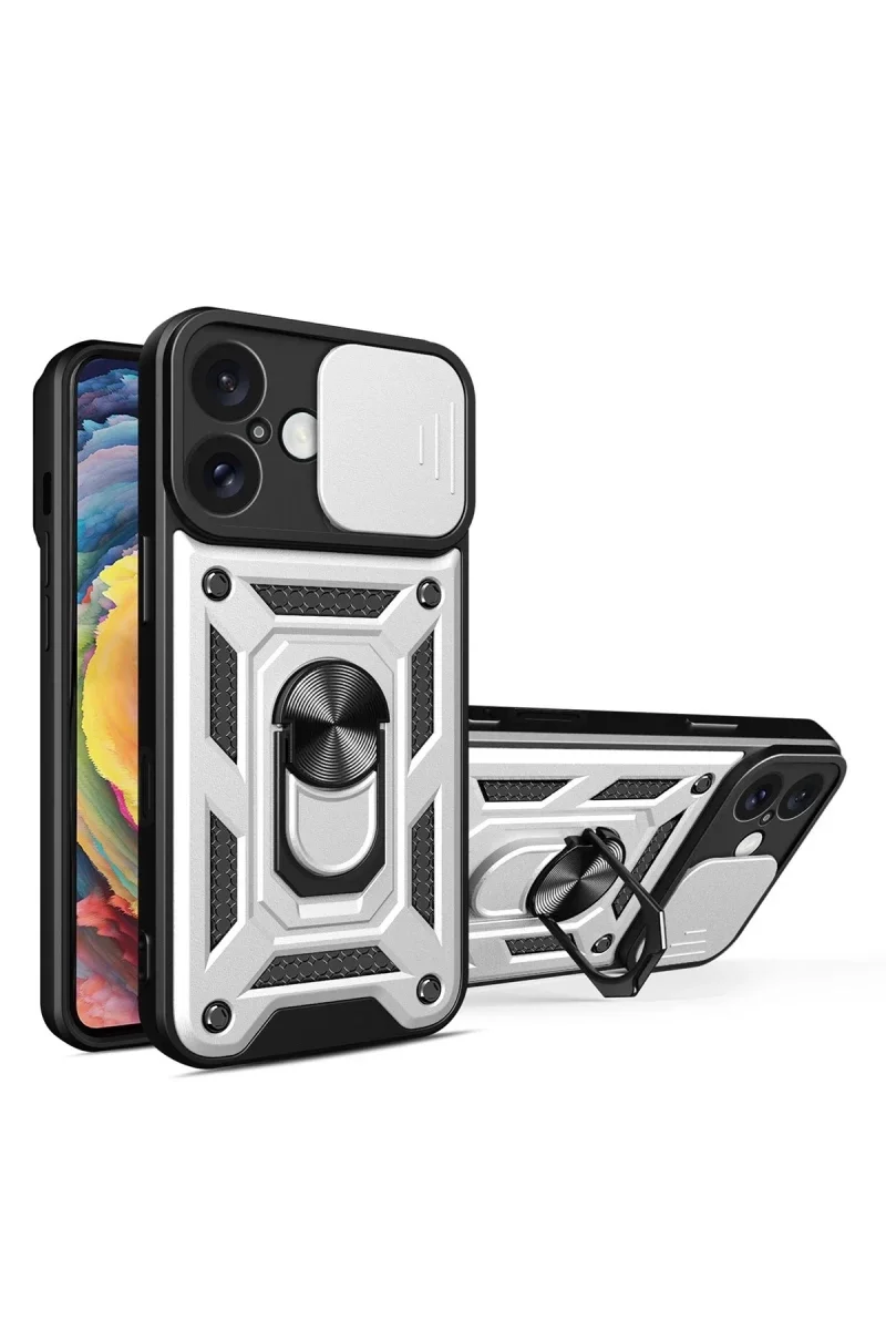 Apple iPhone 16 Kılıf Pars Lens Yüzüklü Silikon - Gümüş