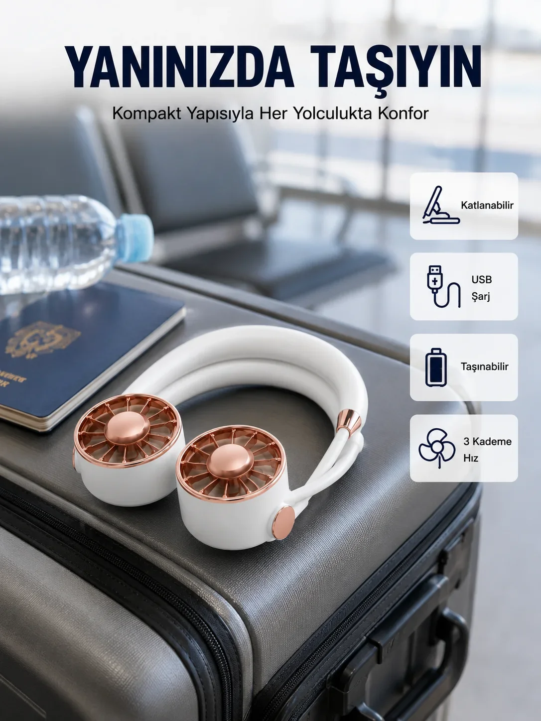 USB Şarjlı Katlanabilir ni Boyun Fanı 1–3 Saat Kullanım