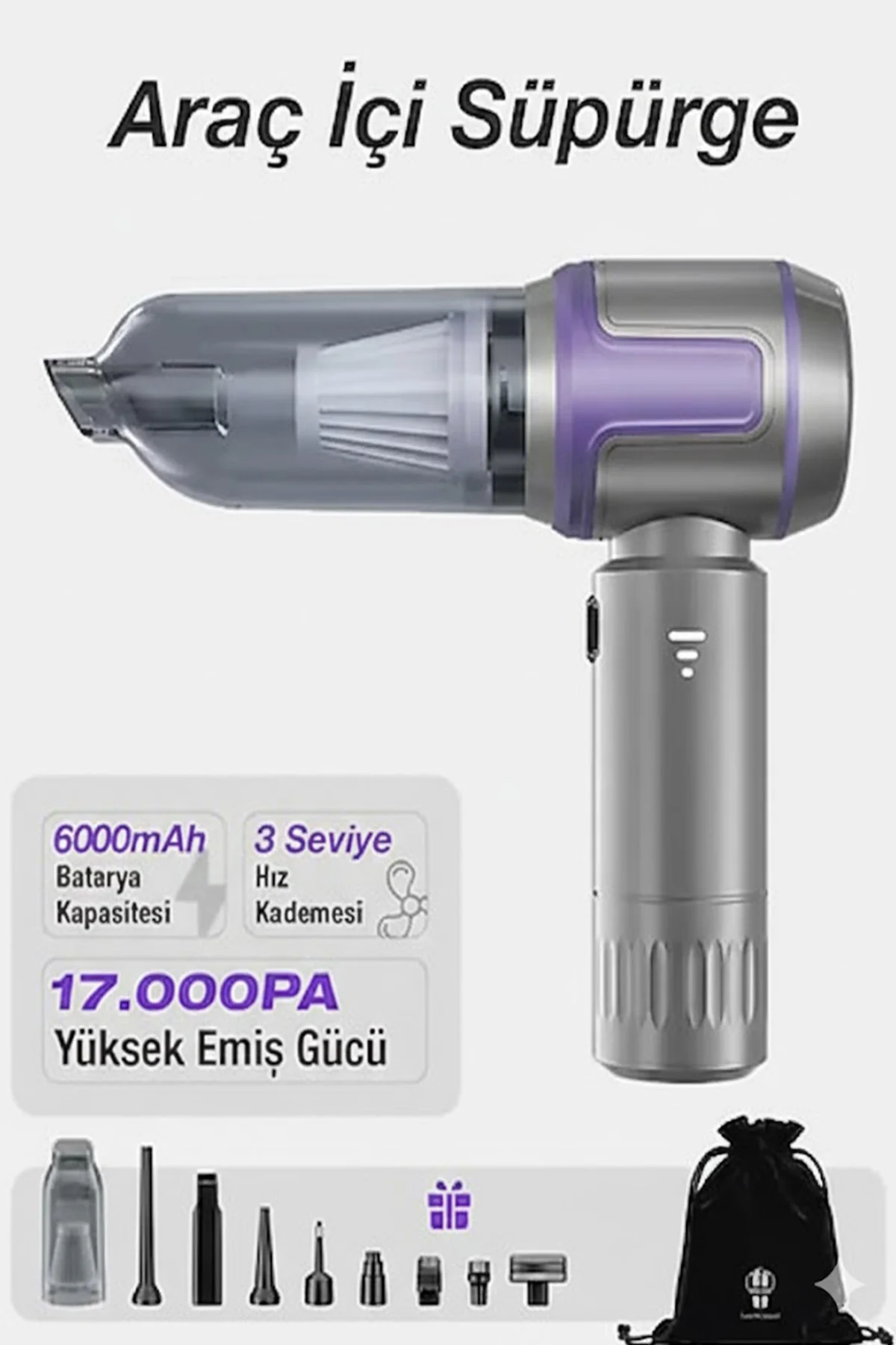 Kablosuz Taşınabilir Araç İçi El Süpürgesi 17000PA Güçlü Vakum 4’ü 1 Arada Çok Amaçlı Temizlik
