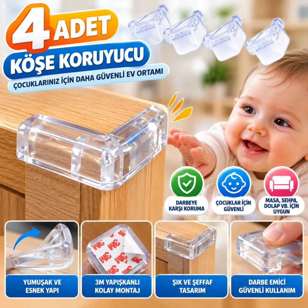4 Adet Kendiliğinden 3M Yapışkanlı Yumuşak ve Esnek Yapıda Sehpa,Masa,Dolap Köşe Koruyucu Aparat