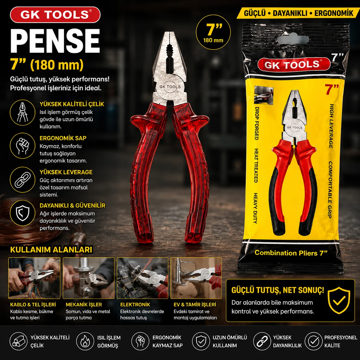 Saplı Pense 180 mm (7") Kırmızı Şeffaf görsel 3