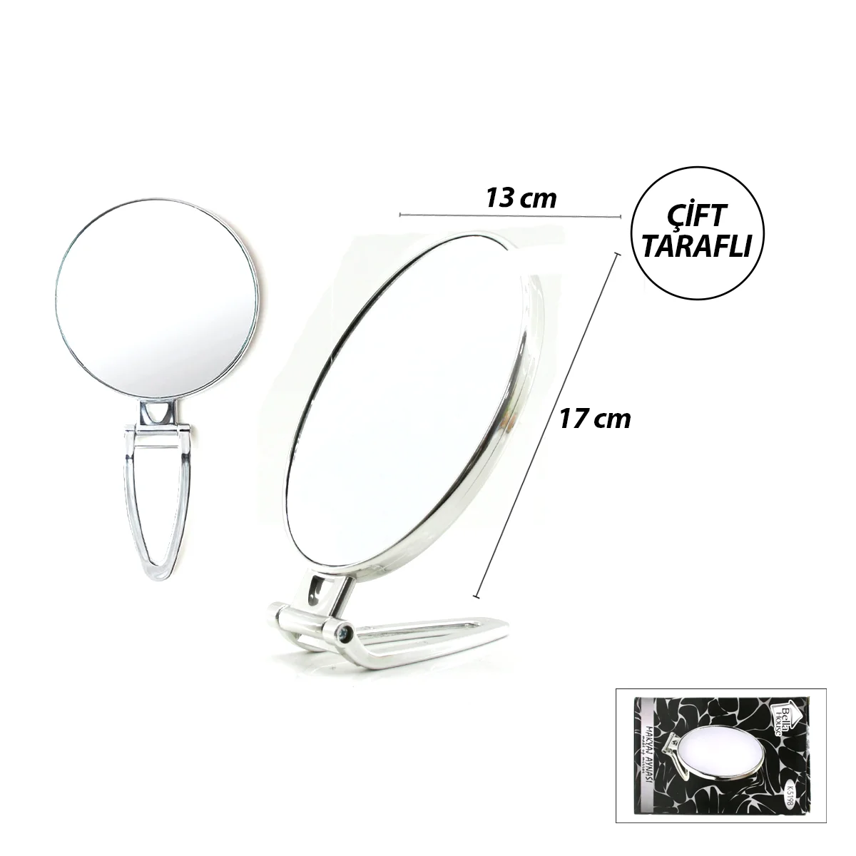 Oval Çift Taraflı Makyaj Aynası (16.5x13 cm) Katlanır Ayaklı Gümüş görsel 2