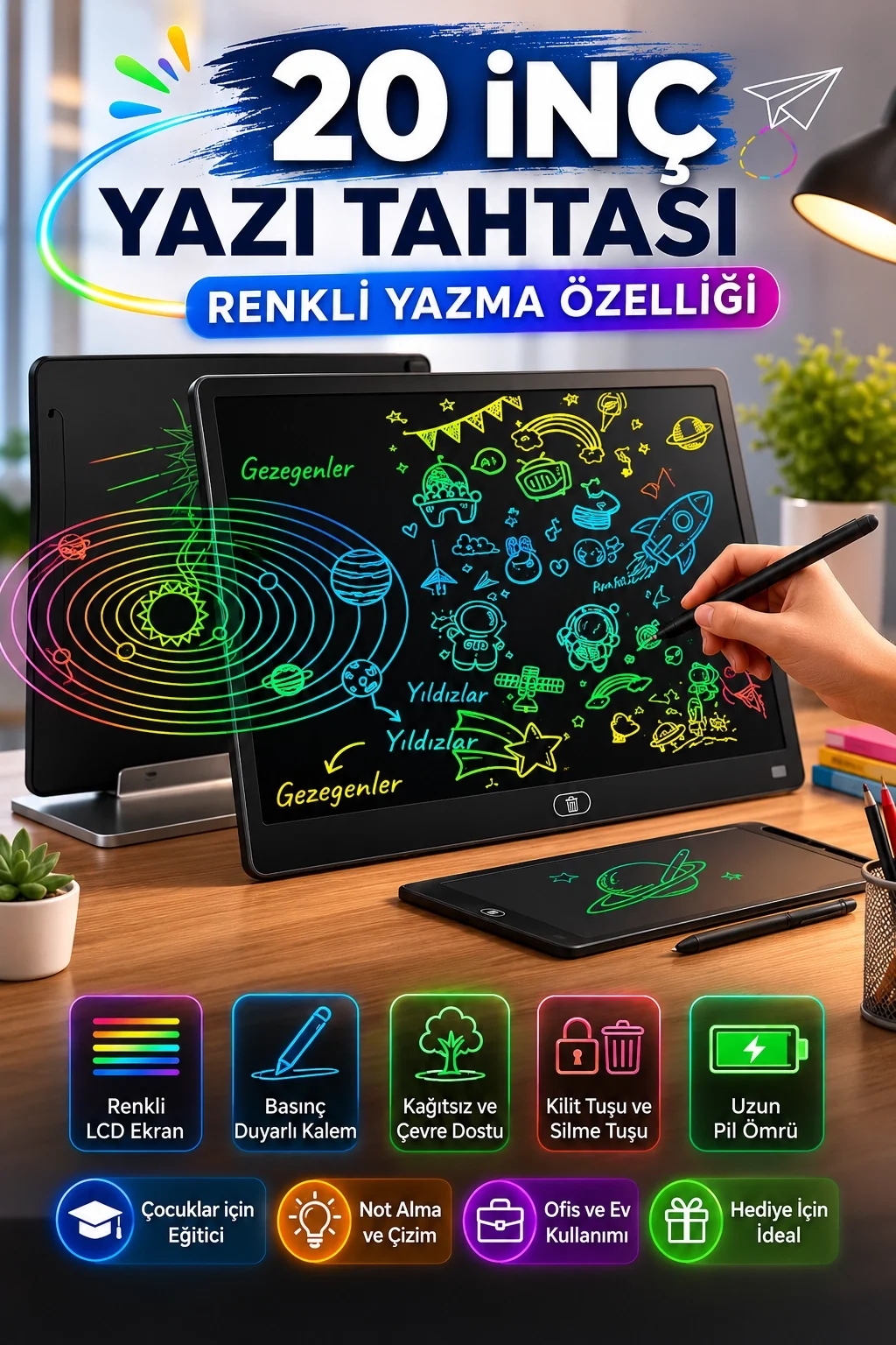 20 Inc Renkli Lcd Grafik Dijital Kalemli Çizim Tableti Yazı Tahta Not Yazma Eğitim Tableti Siyah