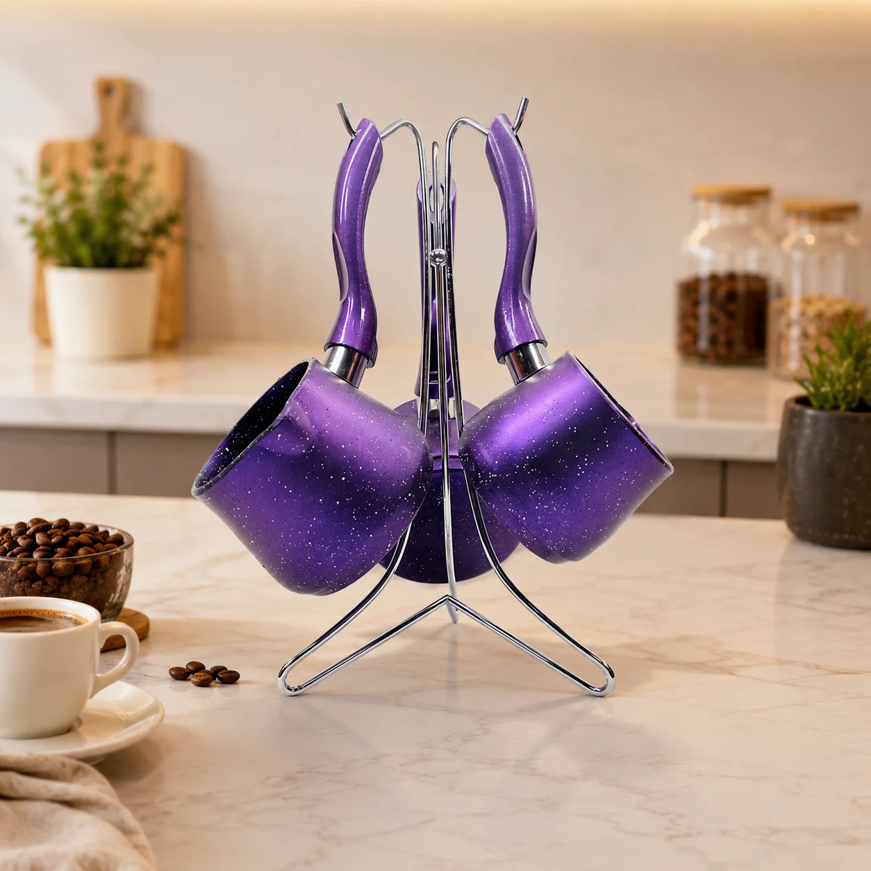 Granit Çelik Cezve Seti (230/280/380 ml) Metal Standlı görsel 5