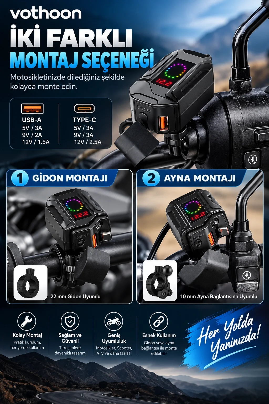 Motosiklet Telefon Tutucu Ayna Ve Gidon Bağlantılı Telefon Şarj Cihazı Geri Sarılabilir Type-C Kablolu Voltaj Göstergeli 30W görsel 6