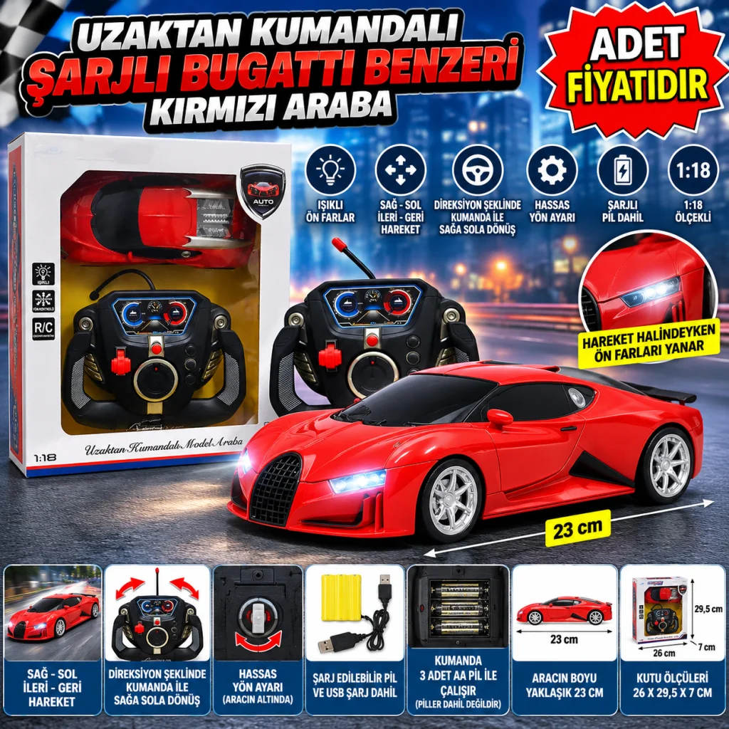 Uzaktan Kumandalı Şarjlı Bugatti Benzeri Kırmızı Araba (adet fiyatıdır)