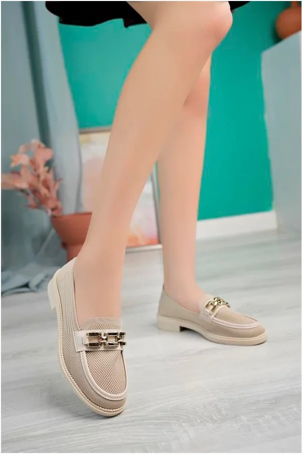 Kadın Loafer Tokalı Ayakkabı Ayakkabı Topuklu Taban Kalın Casual Pu Tekstil Deri Zincir