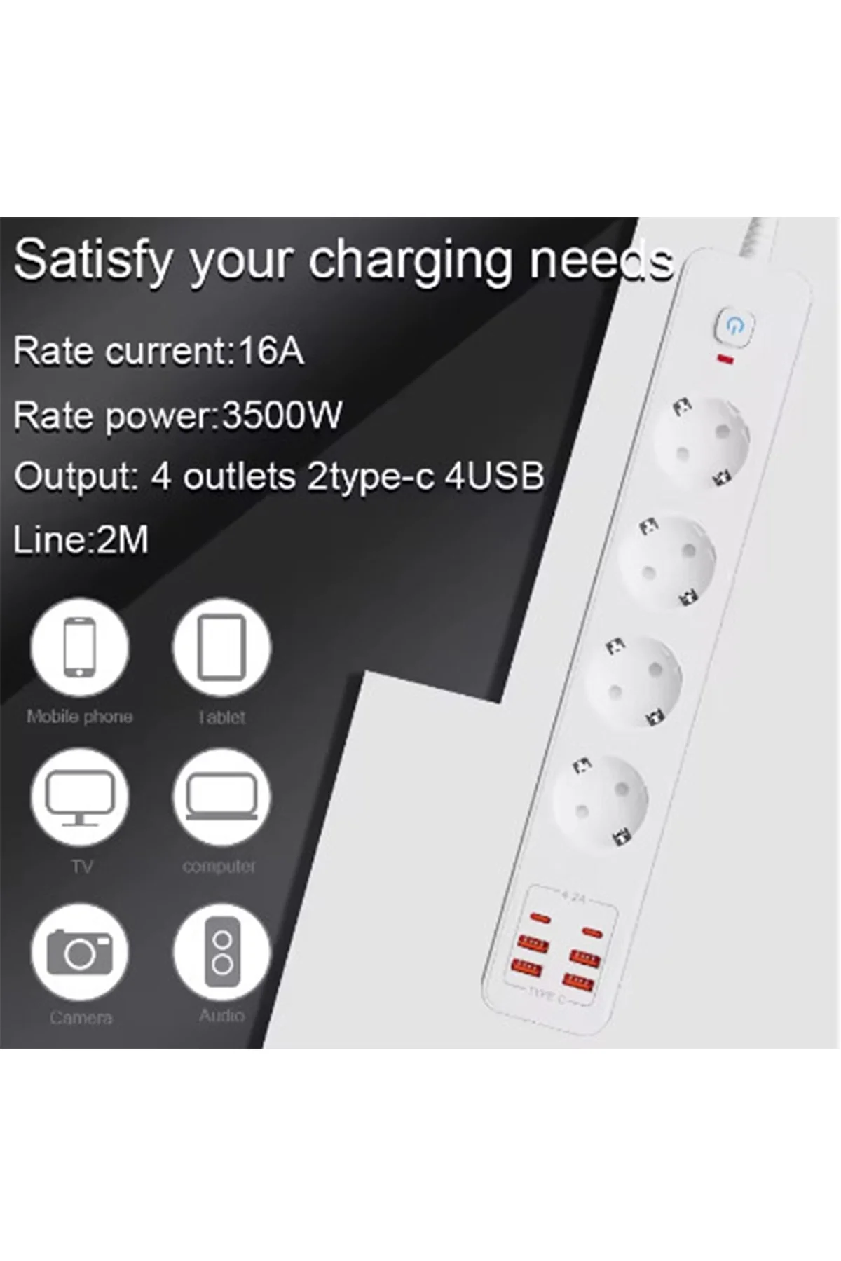 Termal Akım Korumalı 4’lü Priz 4x USB 2x Type-C Çıkışlı Grup Priz Çoğaltıcı (3500W) görsel 6