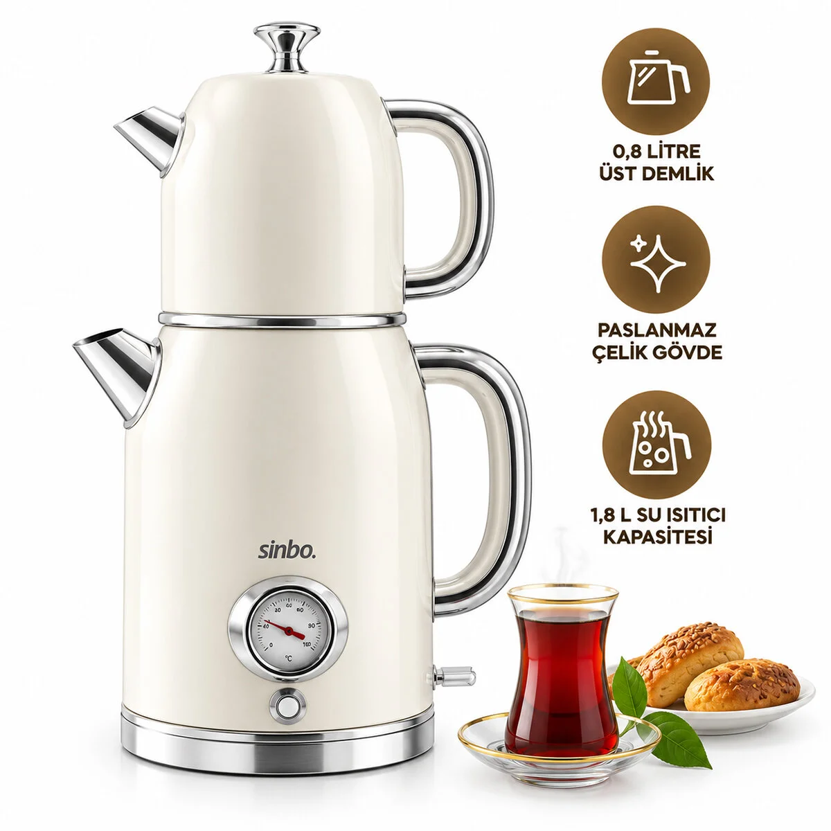 Krem Elektrikli Cam Demlikli Plastik Retro Çay Seti Çaycı Derece Göstergeli 1600W 1.8LT - 1LT STM-5849