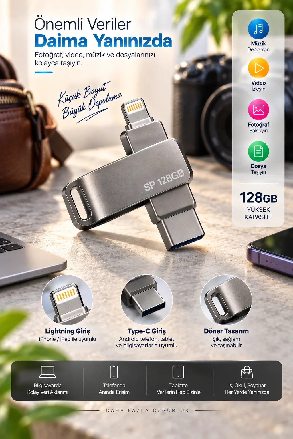 Lightning Type C Destekli 128GB Taşınabilir USB Flash Bellek Fotoğraf Video ve Dosya Aktarımı