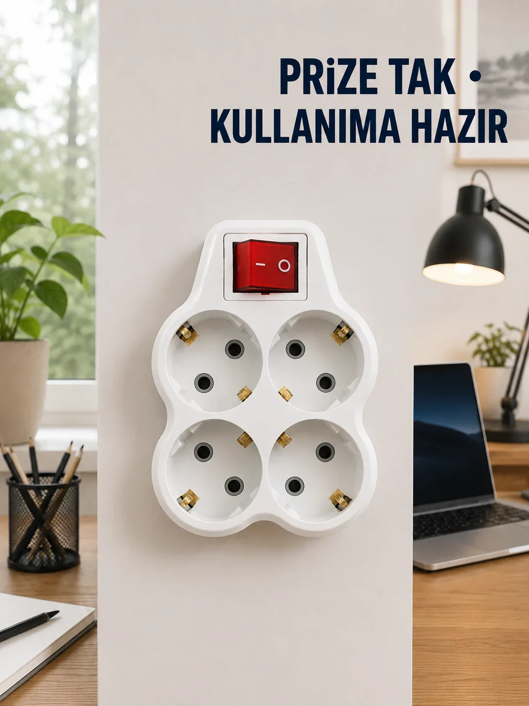 Anahtarlı 4’lü Priz Adaptörü Direkt Prize Takılan Kompakt Priz Çoklayıcı