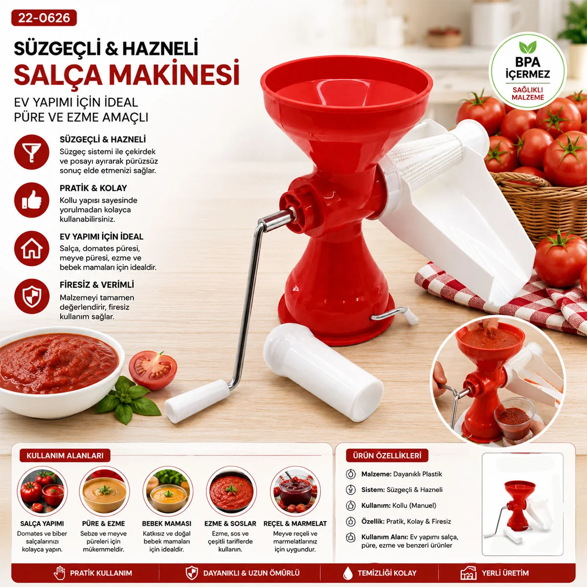 Plastik Süzgeçli Hazneli Salça Makinesi (Metal Kollu) görsel 3