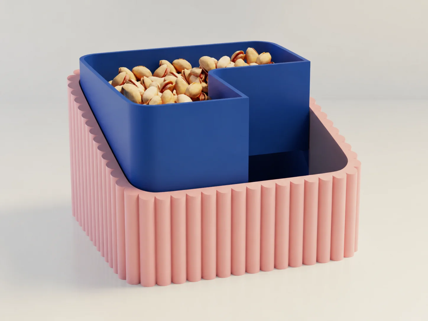 3D Baskı Fıstık Kasesi - Çift Hazneli Kabuk Ayırıcı Sunum Kasesi - Pembe Mavi