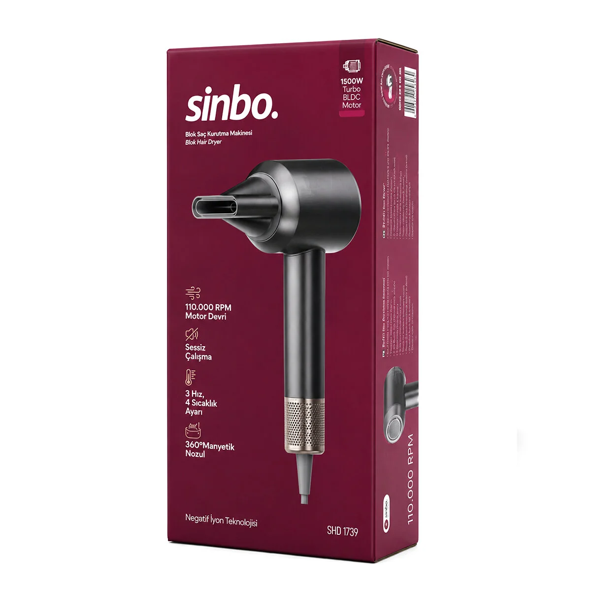 Gri Bldc Turbo Motor Saç Kurutma - Şekil Makinesi 1500W 3-KDM.HIZ 4-KDM.ISIAYAR=SICAK-ILIK-HAFİF-SOĞUK SHD-1739 görsel 2