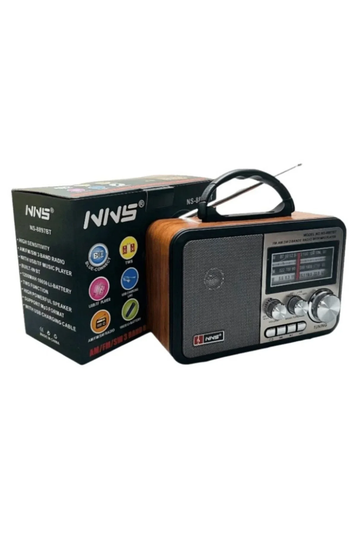 Orta Boy Retro, Nostaljik, Ahşap Tasarım Bluetooth Hoparlörlü, Şarjlı, Taşınabilir FM/AM Destekli Radyo NS-8897 görsel 6