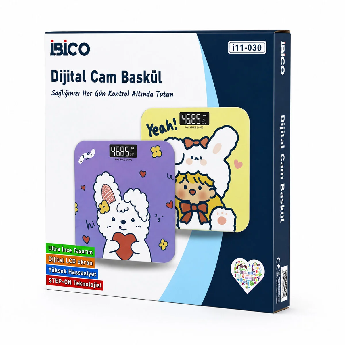 0221A Dijital - Pilli Desenli Renkli Cam Banyo Baskül Terazi Tartı Lcd Ekran 180KG/50GR 26X26CM İ11-030 görsel 3