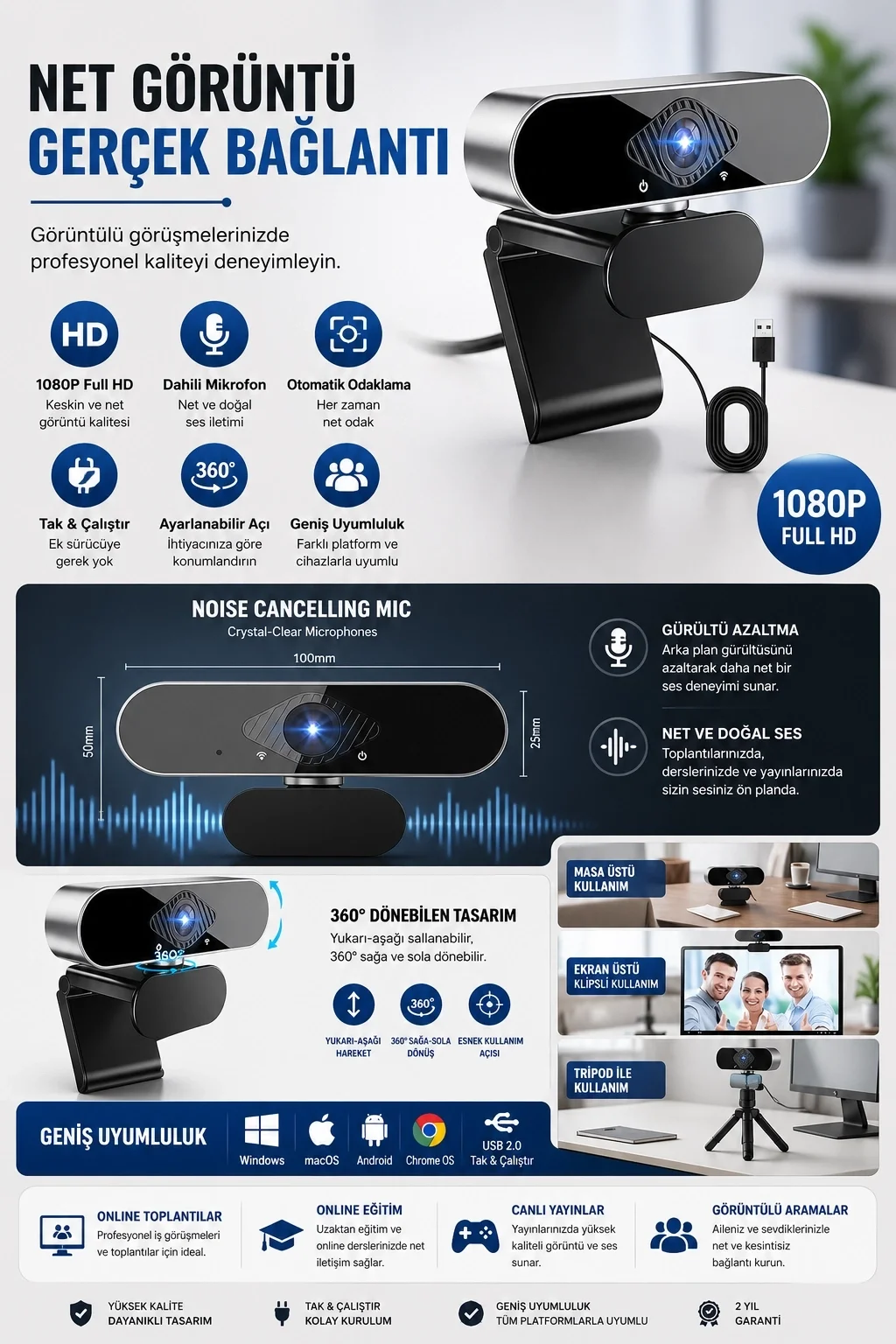 Webcam Orjınal 1080p Hd Konferans Kamera Dahili krofon Görüntülü Sohbet Yayın Kamerası Hd Video Ae-104 görsel 2