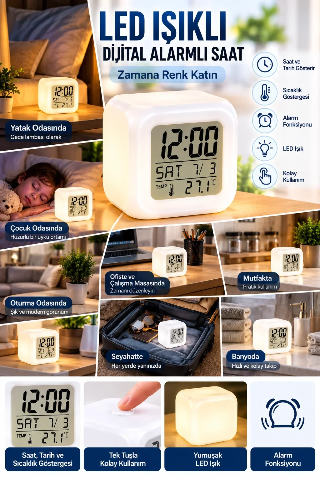 Modern Tasarımlı Küp Saat LED Aydınlatmalı Dijital Alarm Saati görsel 3