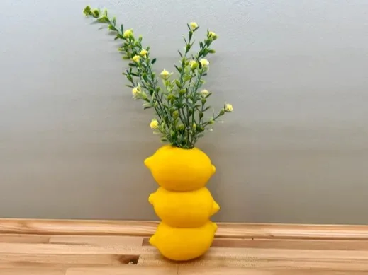 3D Baskı Limon Formlu Dekoratif Vazo Üst Üste Limon Tasarımlı Mutfak Çiçekliği Kuru Çiçek Vazosu Sarı