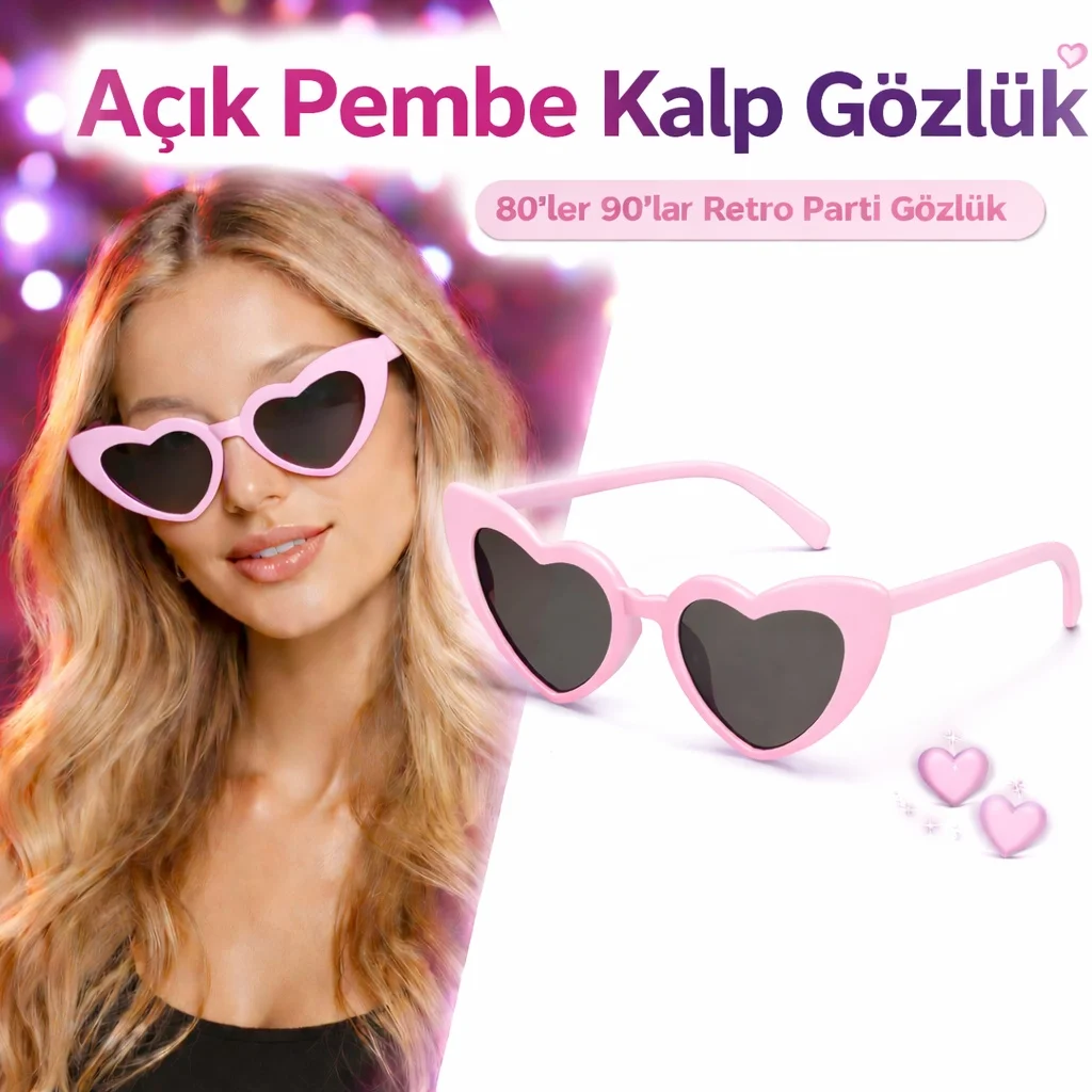 Pembe Retro Kalp Gözlük – 80’ler 90’lar Stil Parti Gözlüğü görsel 2