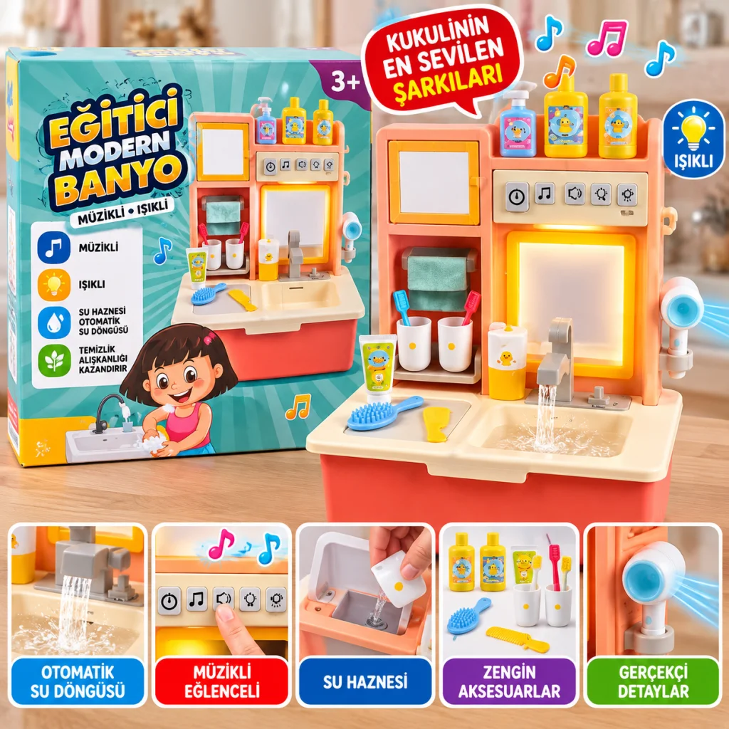 7040 Eğitici Sesli Modern Banyo Lavabo Oyuncak Yıkama Seti