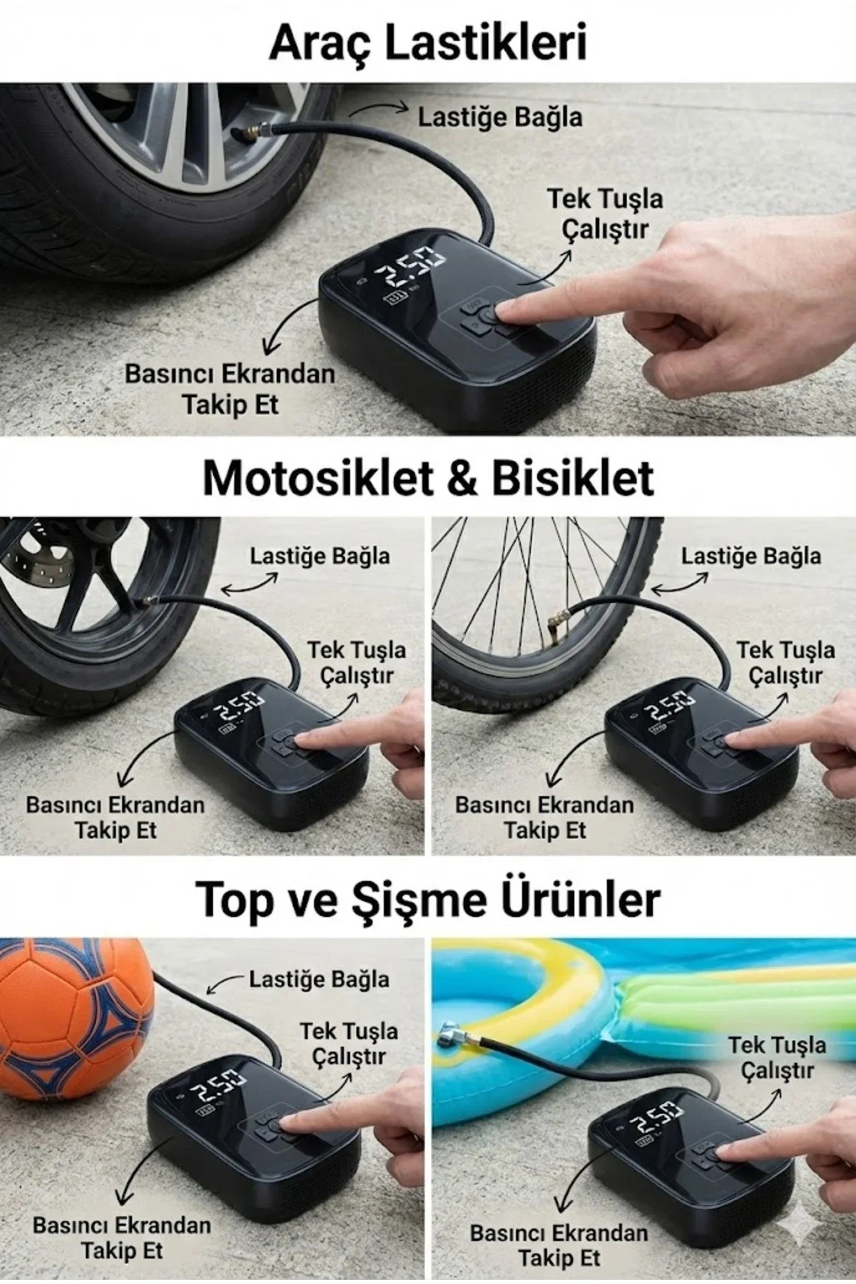 Dijital Şarjlı Araç Lastik Hava Pompası Kompresör Taşınabilir LED Ekranlı görsel 4