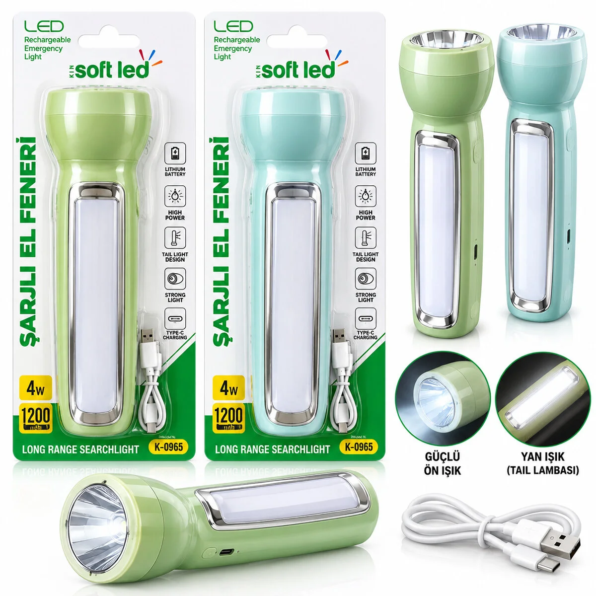 2IN1 Softled Şarjlı El Feneri Usb - Type-c Şarjlı 1 Led 1.2W - 14 Led 2.4W K-0965