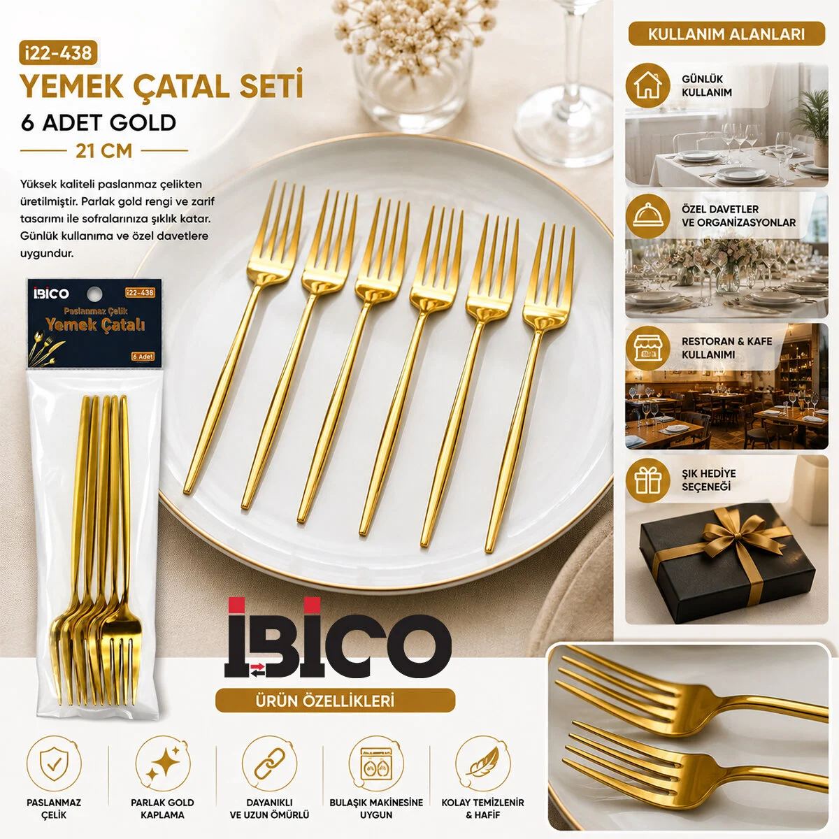 60 Parça Gold Yemek Çatal Seti 21CM - 1 Paket İçinde 6 Adet Vardır - 10 Paket Gönderilir görsel 2