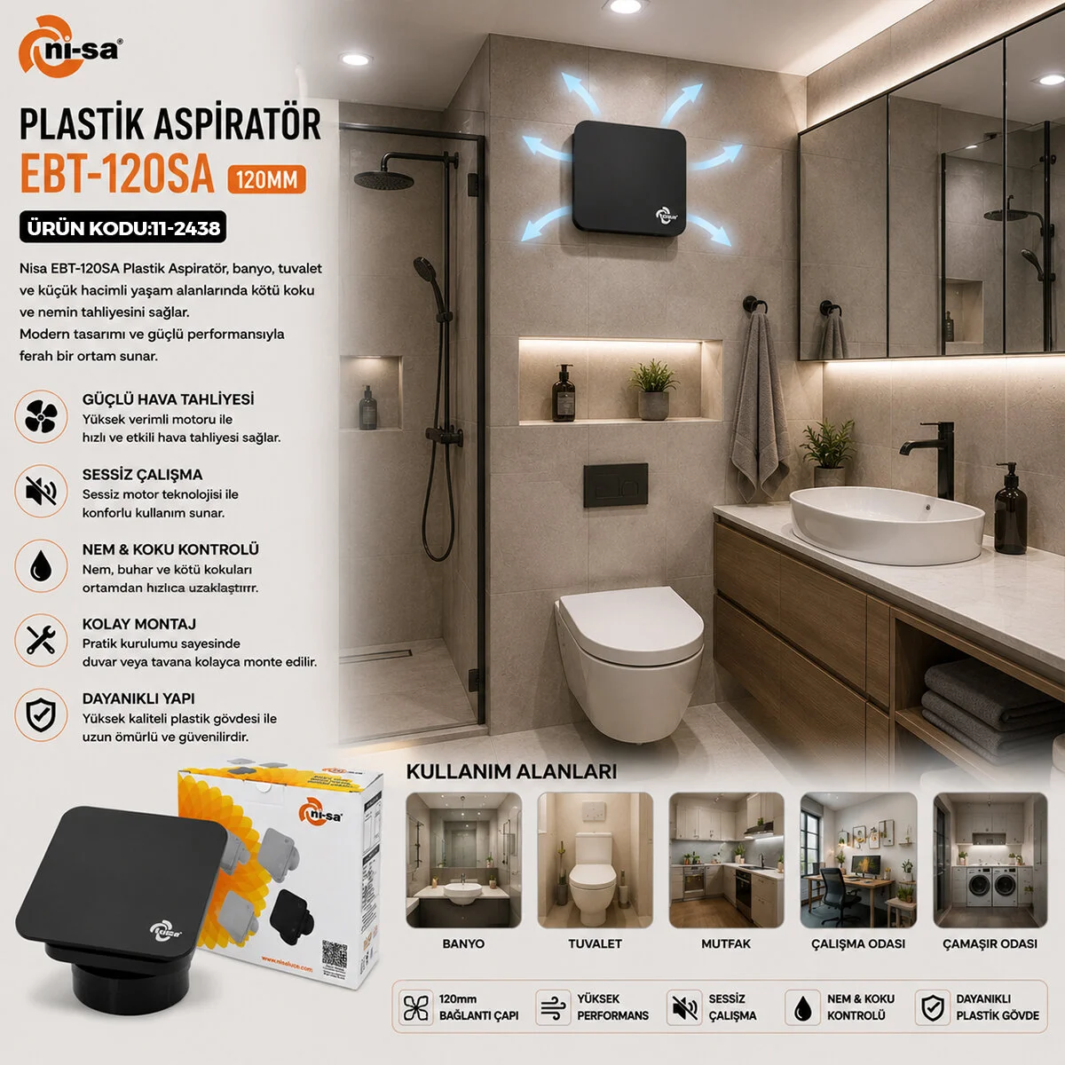 Plastik Aspiratör 120 Antrasit Banyo Tuvalet Havalandırma Aspiratörü 16W 1900RPM 180M3/H EBT-120SA görsel 3