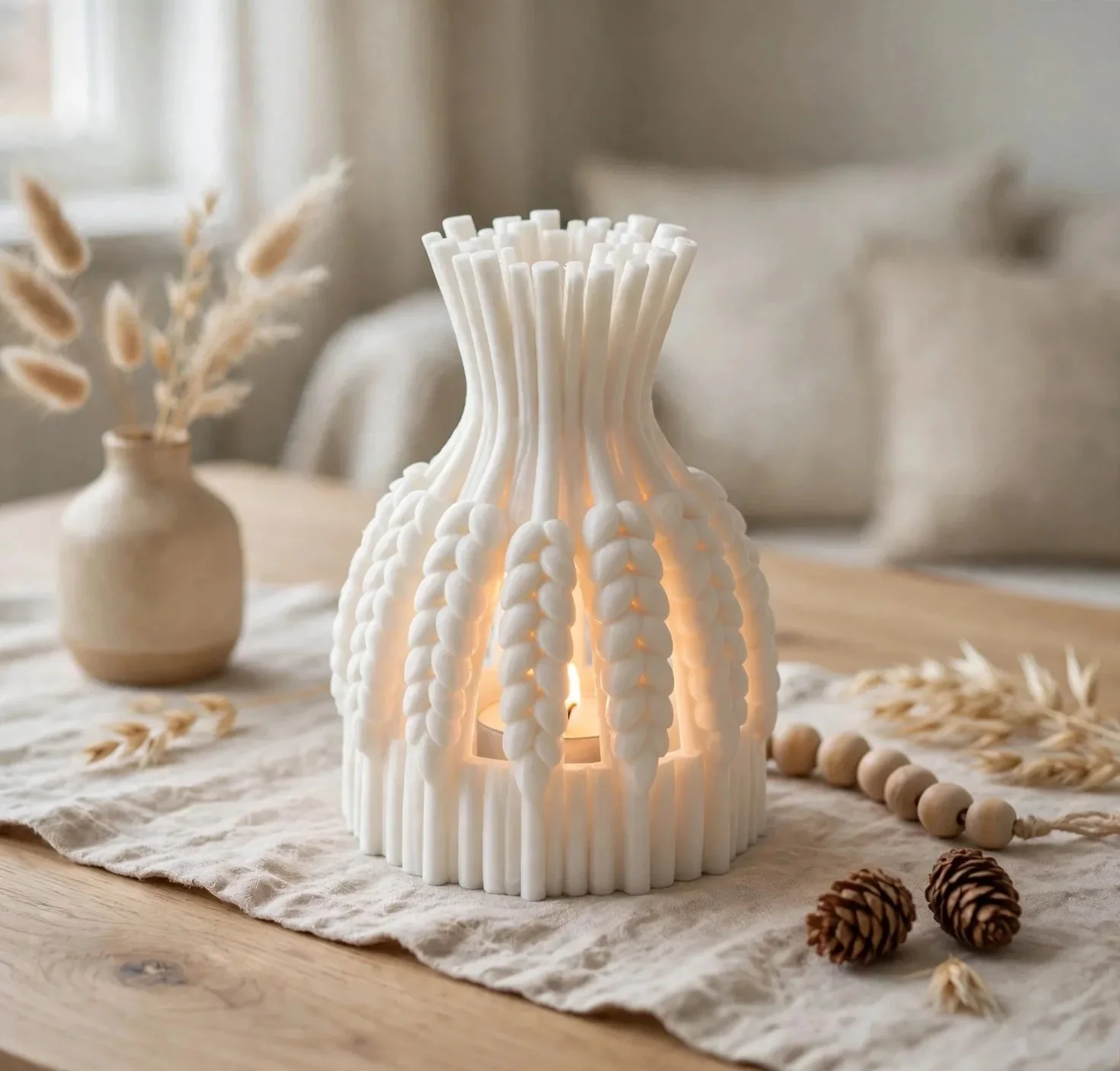 3D Baskı Buğday Demeti Tealight Mumluk Jüt İpli Dekoratif Sonbahar Hasat Feneri Şamdan Masa Süsü görsel 2