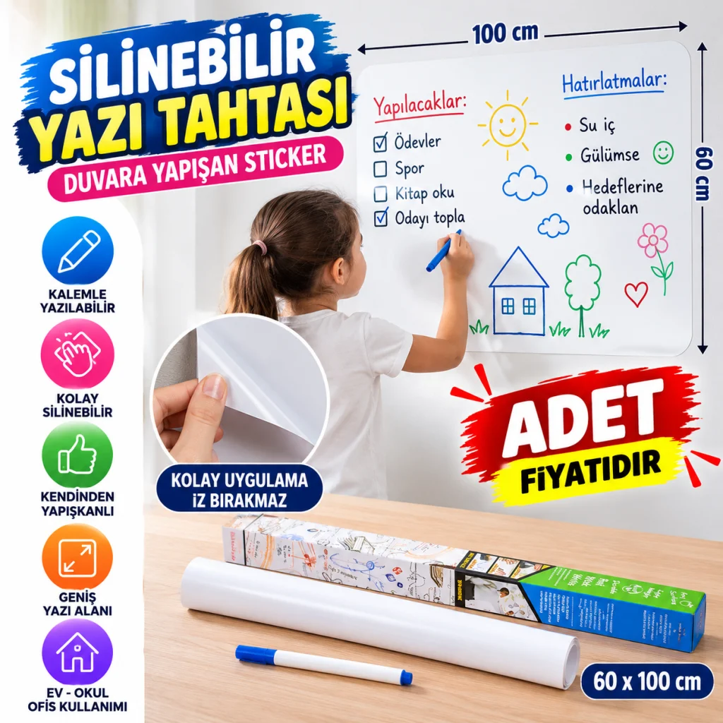 Silinebilir Kalemli Sticker Duvara Yapışabilen Yazı Tahtası 60x100 cm(adet fiyatıdır)