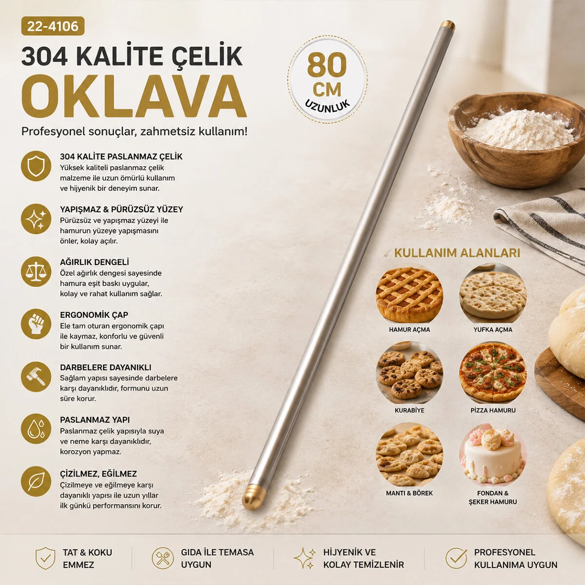 6 Adet 80CM Çelik Lux Metal Oklava görsel 2