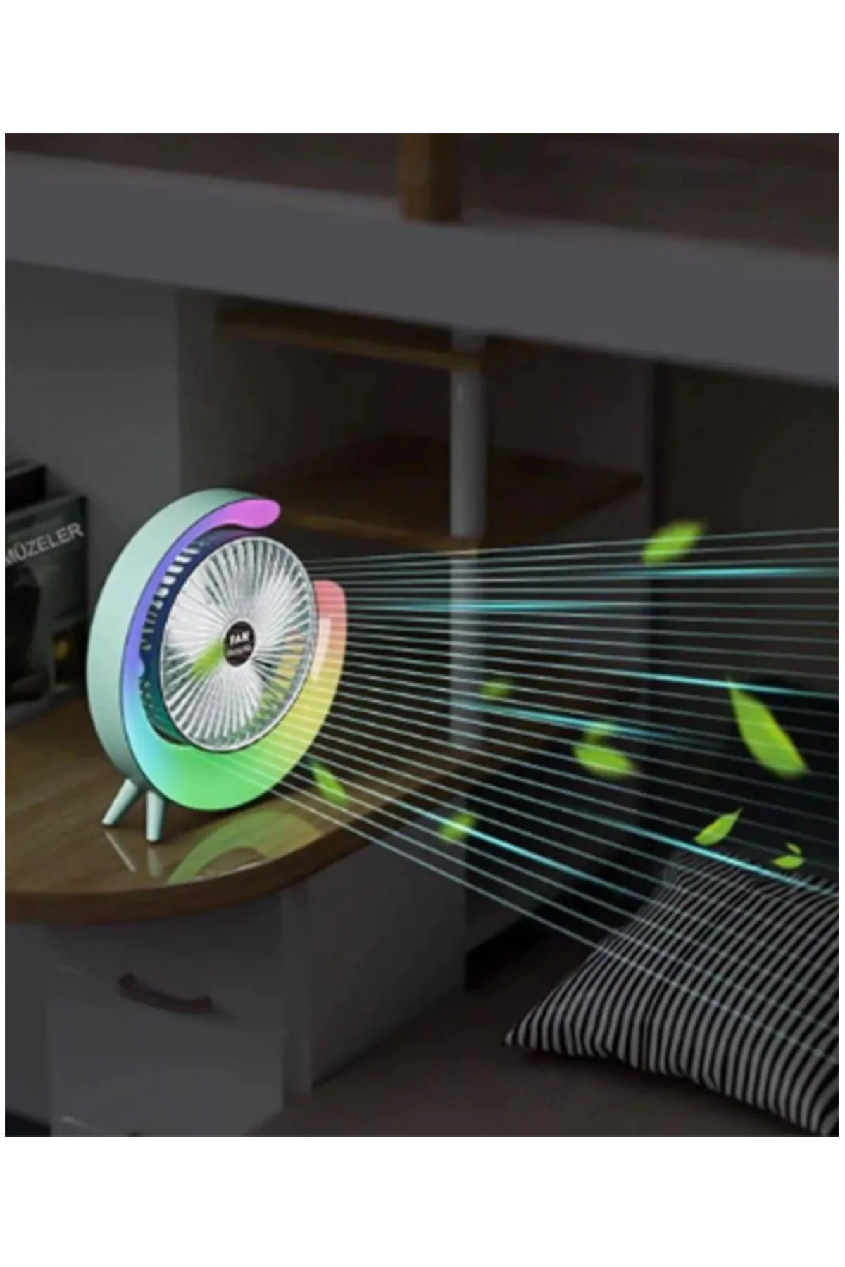 Masaüstü Vantilatör Usb Şarjlı Rgb Led Işıklı 3 Kademeli 180° Ayarlanabilir Soğutucu Fan Yeşil görsel 8