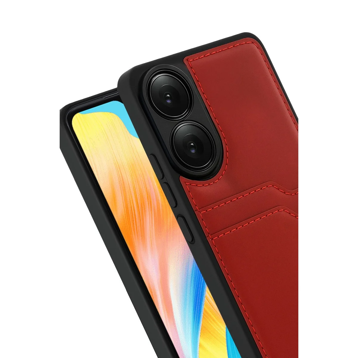 Oppo A38 Sara Kartvizitli Deri Kılıf - Kırmızı görsel 2