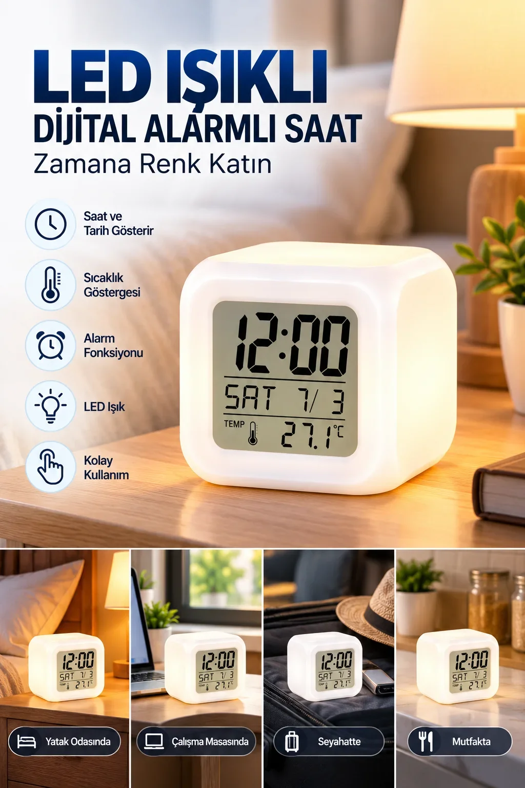 Modern Tasarımlı Küp Saat LED Aydınlatmalı Dijital Alarm Saati görsel 5