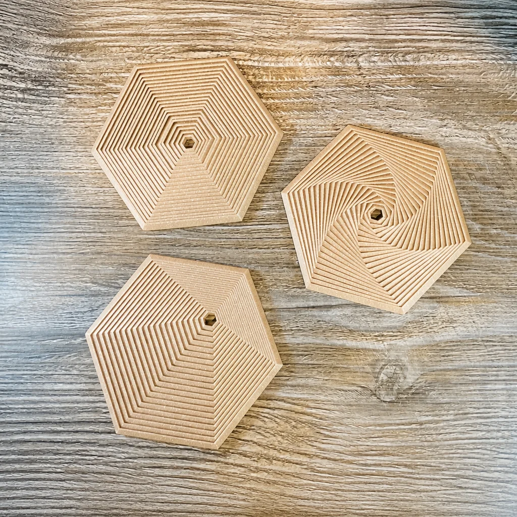 3D Baskı Super Fidget Coaster Seti - Altıgen Desenli Bardak Altlığı ve Tutucu-Bej görsel 2