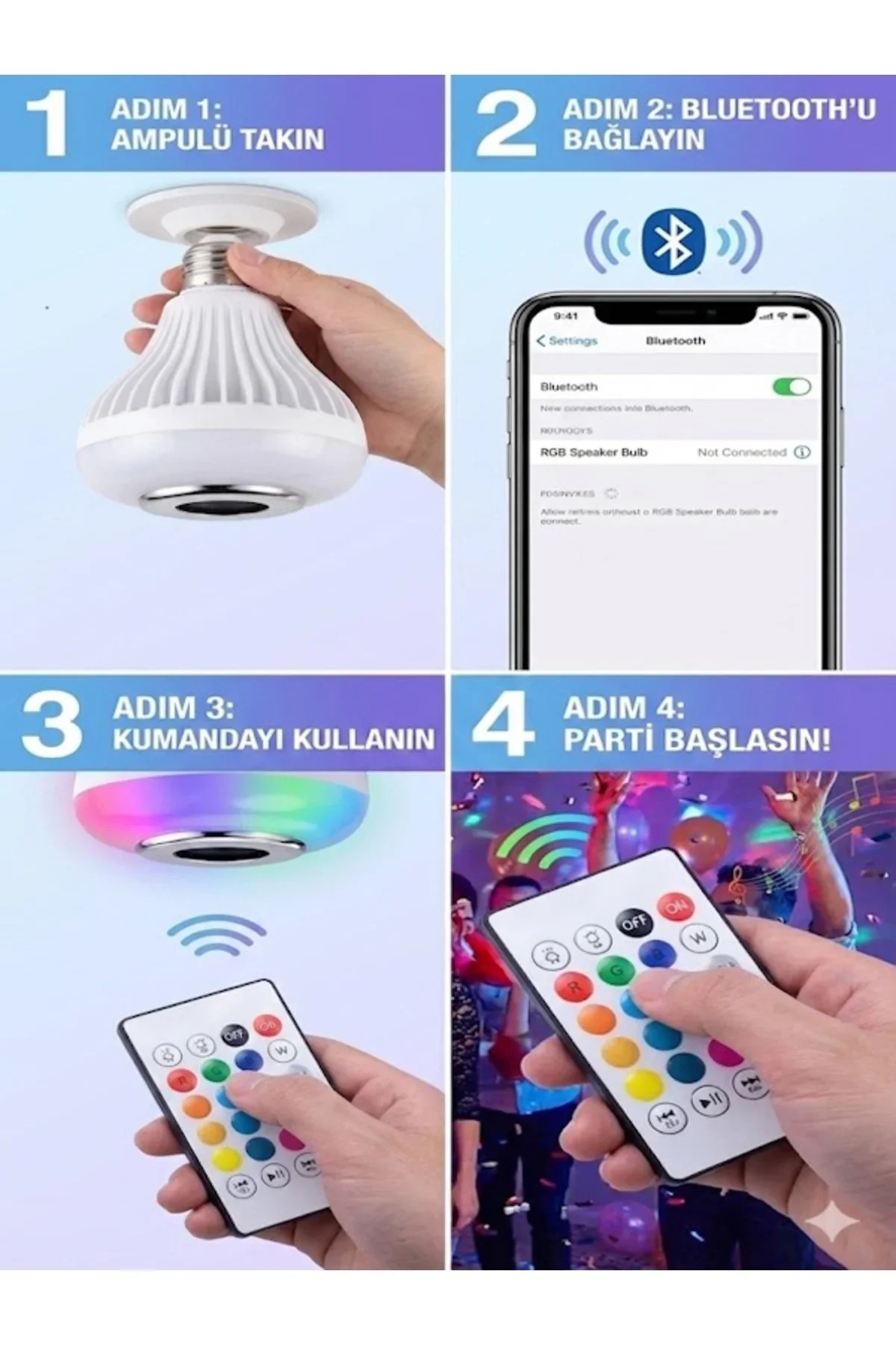 Bluetooth RGB LED Hoparlörlü Akıllı Ampul - Renkli Müzikli Lamba ve Kumanda görsel 3