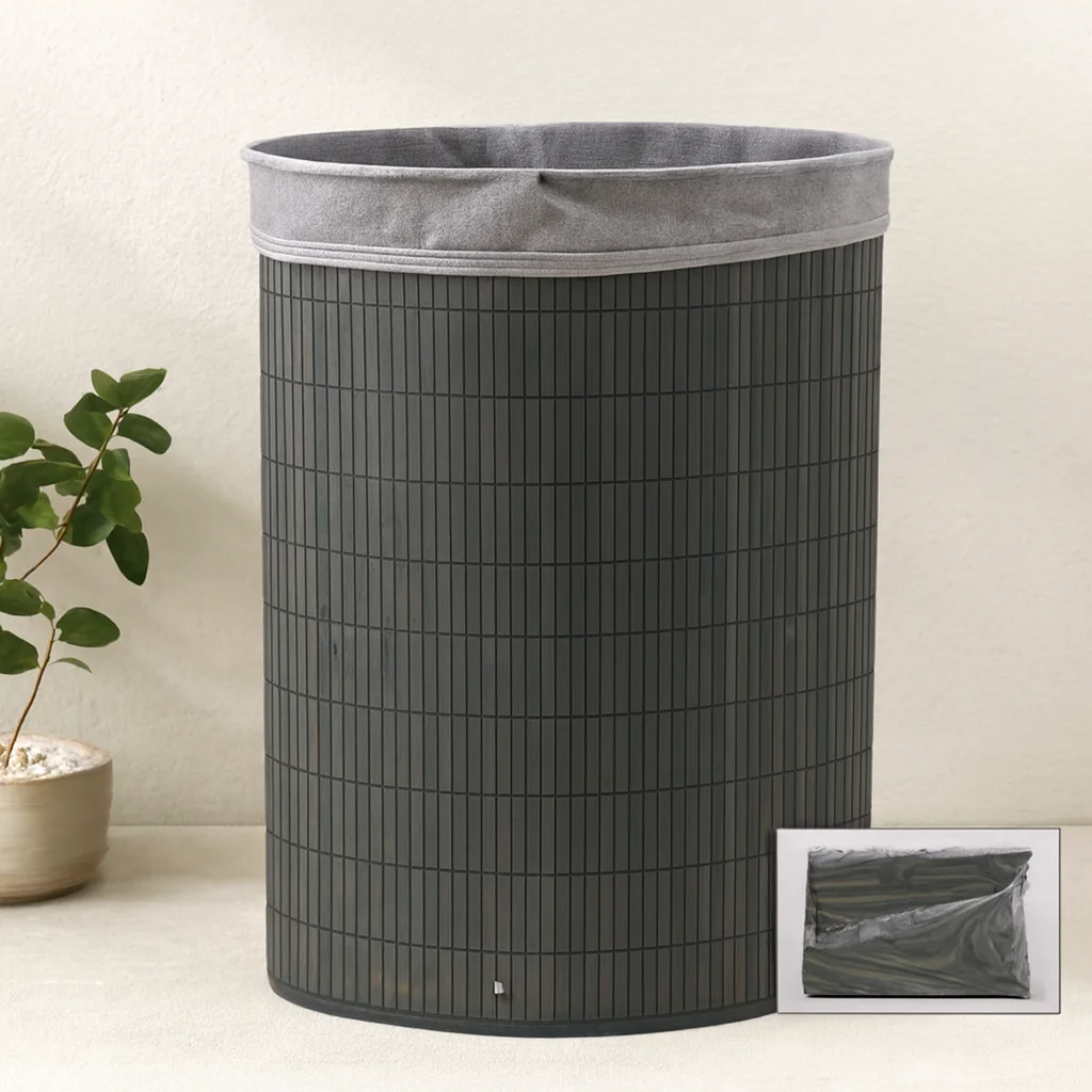 Bambu Üçgen Kirli Çamaşır Sepeti 35x60 cm - Kapaklı, Kumaş Torbalı