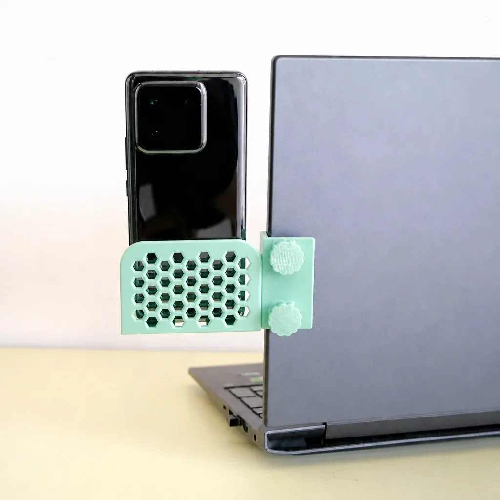 3D Baskı Monitor Telefon Tutucu - Petek Desenli Laptop Kenar Telefon Tutucu-Mint görsel 3