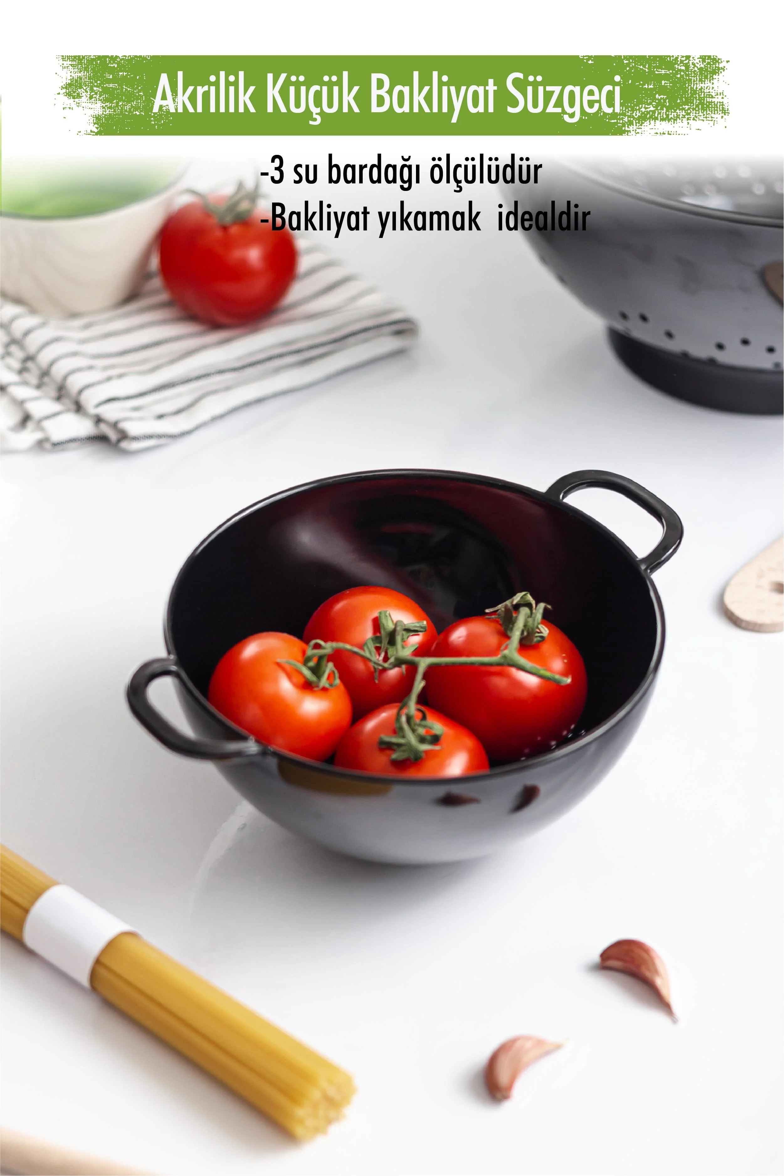 Akrilik Siyah ni Pirinç Süzgeçi & Bakliyat Süzgeçi (3 SU BARDAĞI ÖLÇÜLÜ)