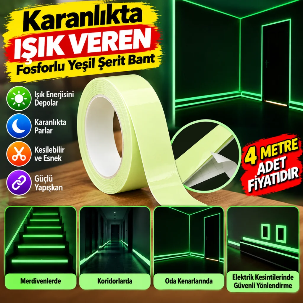 Karanlıkta Işık Veren Yansıyan 4 Metre Fosforlu Yeşil Şerit Bant (adet fiyatıdır)