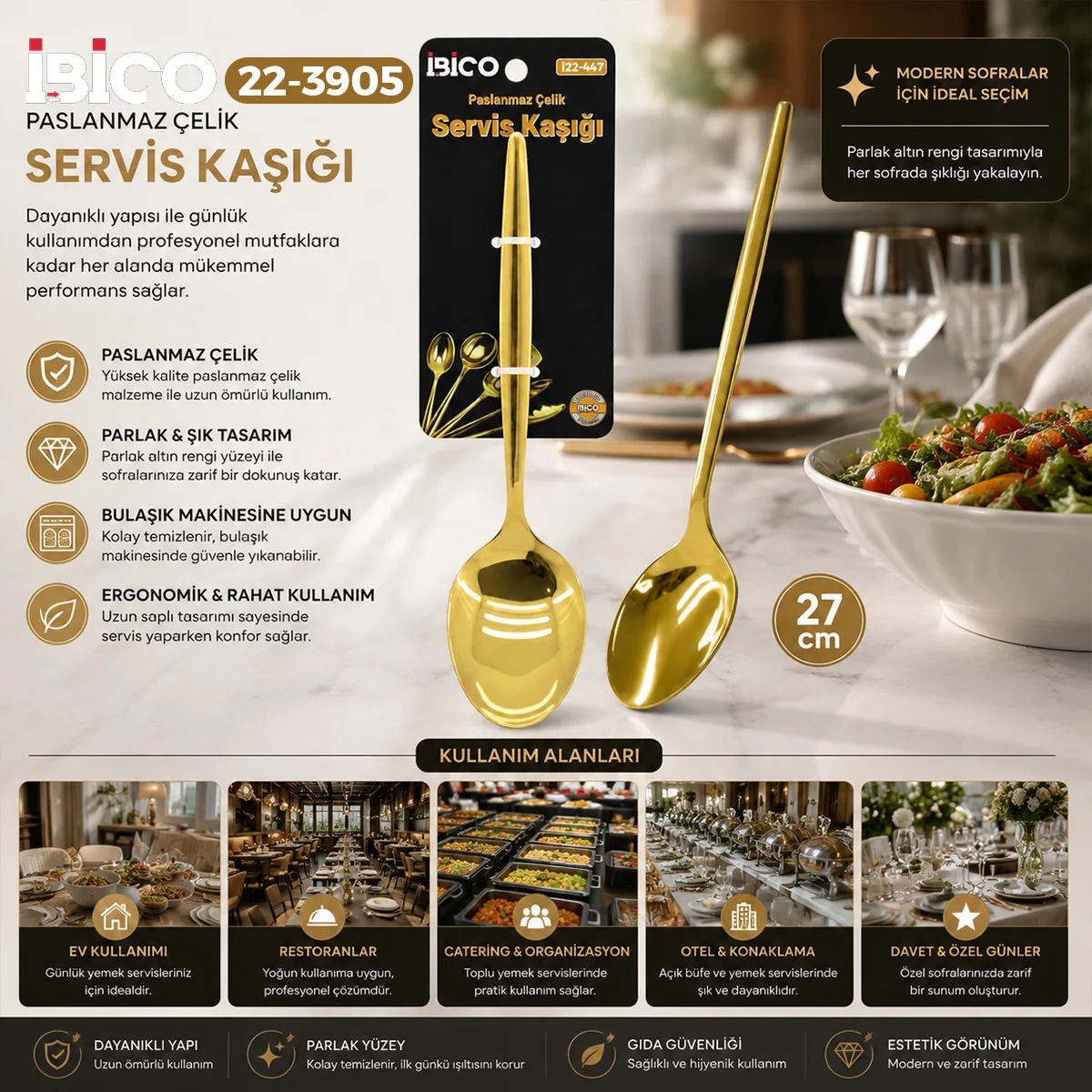 Metal Altın Servis Kaşığı 27 cm görsel 3